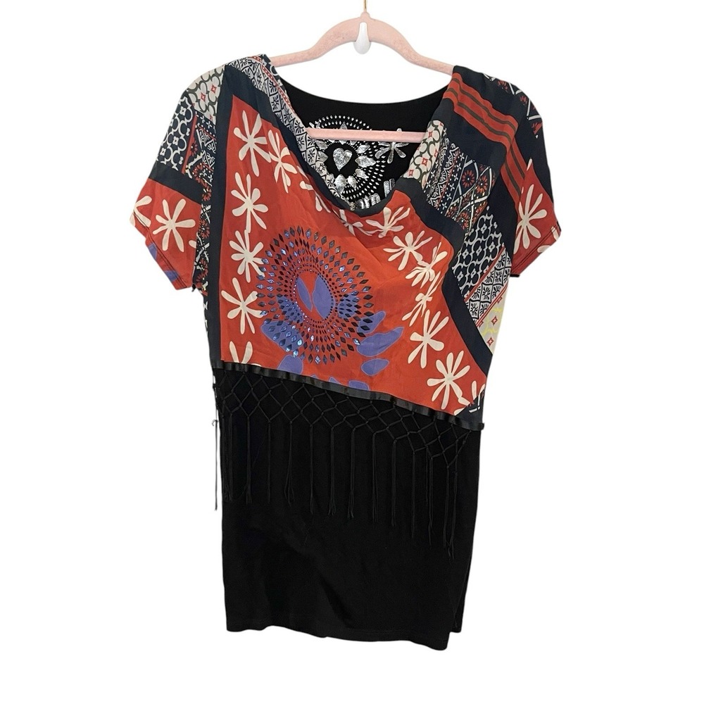 y2k Desigual Cowl Neck Fringe Top Black Red Mixed Media Draped Viscose Size S